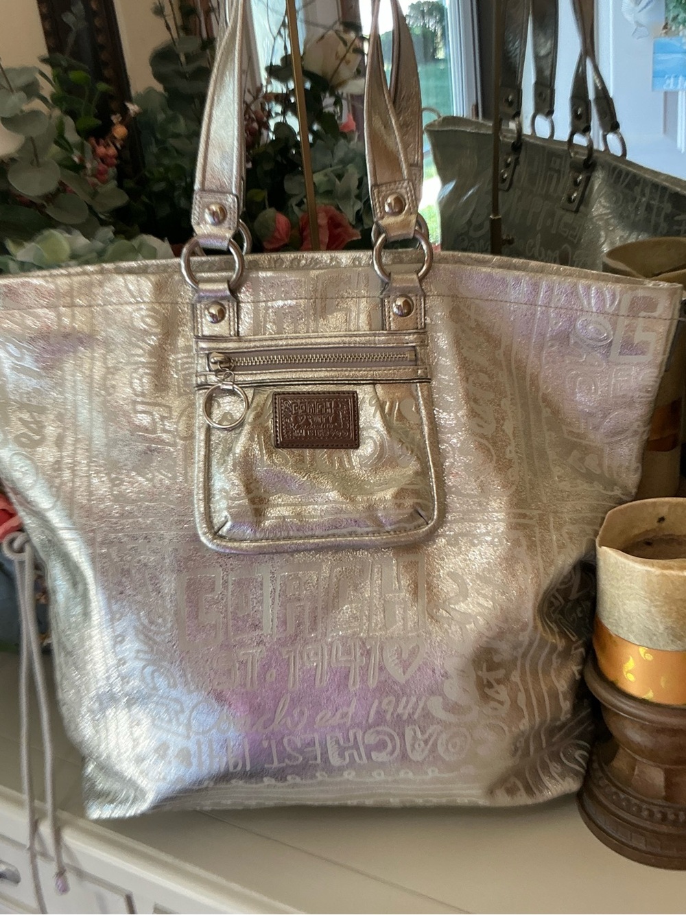 Coach Poppy Glam Graffiti Silver Metallic Large Tote Shoulder Bag